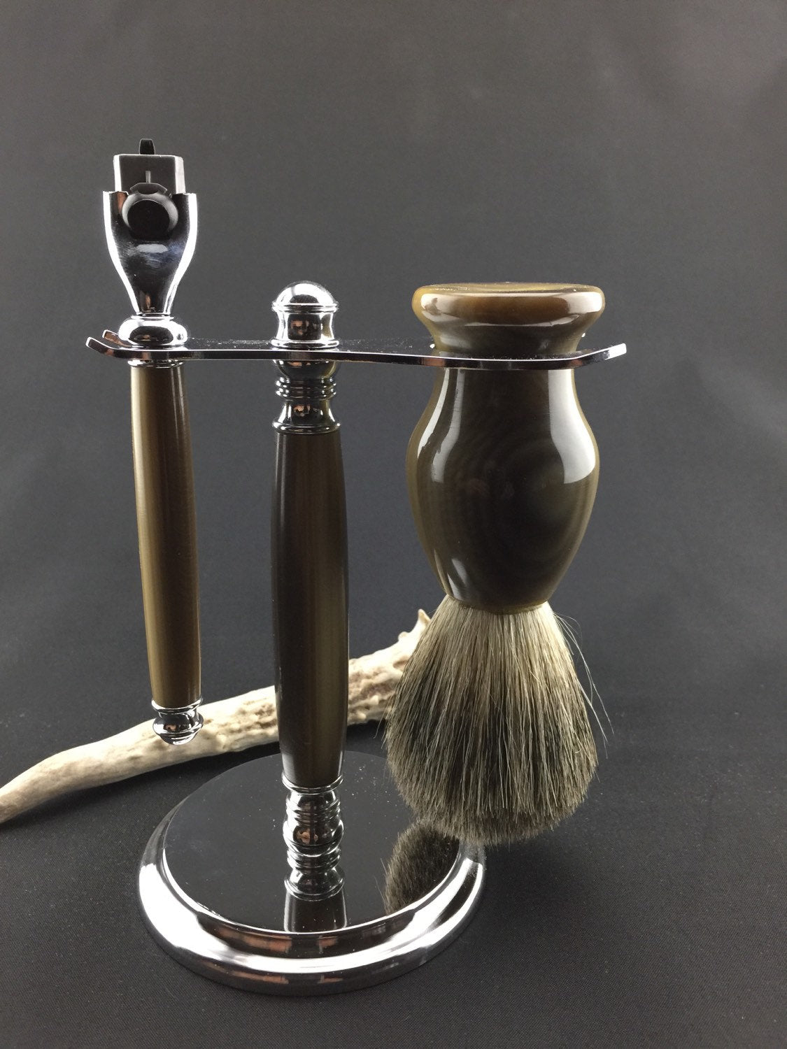 Mach 3 Razor and Brush Shaving Set - Handmade Razor and Brush Set - Razor and Stand - Badger Shaving Brush - Antler Razor - Antler Brush