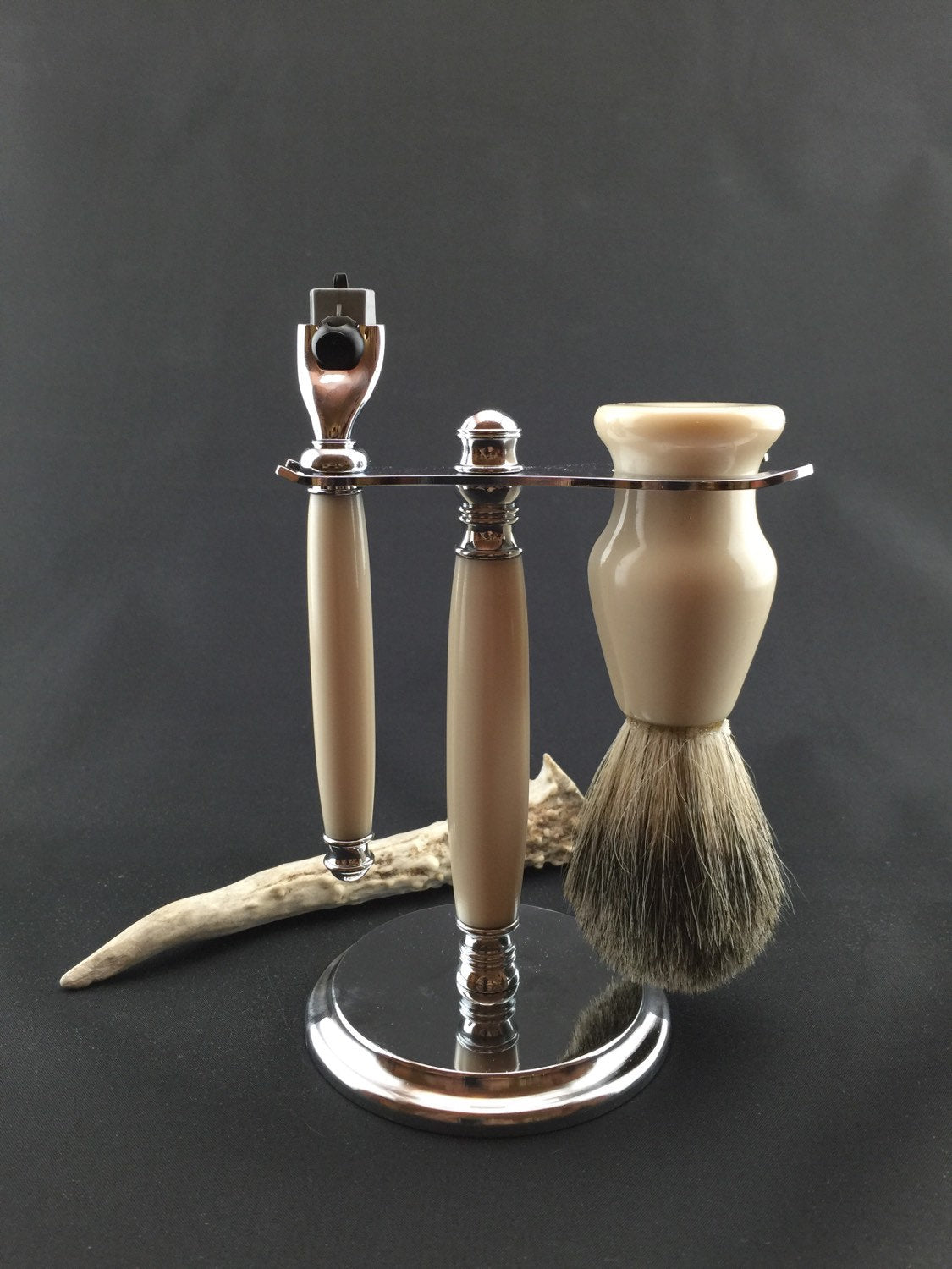 Mach 3 Razor and Brush Shaving Set - Handmade Razor and Brush Set - Razor and Stand - Badger Shaving Brush - Antler Razor - Antler Brush