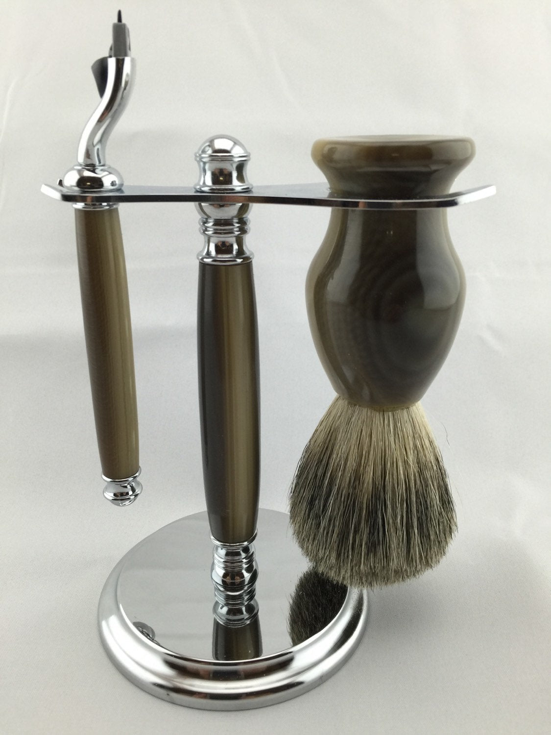 Mach 3 Razor and Brush Shaving Set - Handmade Razor and Brush Set - Razor and Stand - Badger Shaving Brush - Antler Razor - Antler Brush